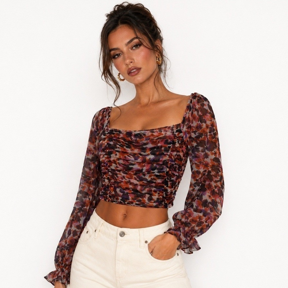 Few Moda Walter Cropped Top Dark Purple Abstract Ruched Smocked Large NWT